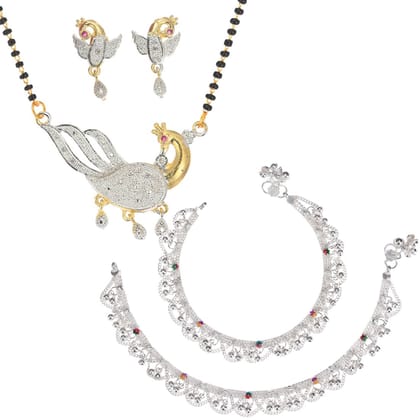 AanyaCentric Jewellery Set of Silver Plated Anklet and Gold-Plated 18" Mangalsutra Pendant Earring