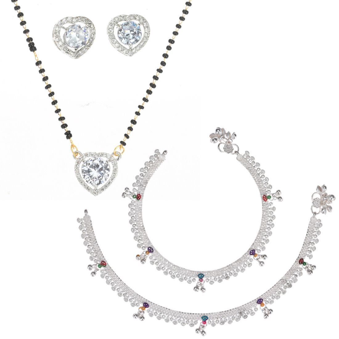 AanyaCentric Jewelry Set of Silver Plated Anklets and Gold-Plated 18" Mangalsutra with Pendant Earring