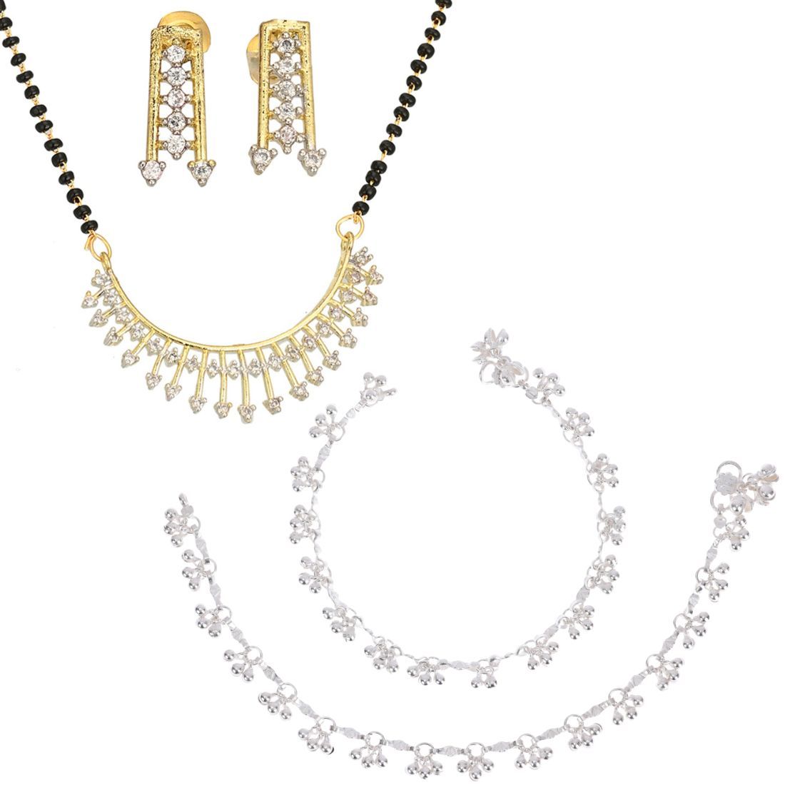 AanyaCentric Jewellery Set of Silver Plated Anklets and Gold-Plated AD Mangalsutra Pendant Earring