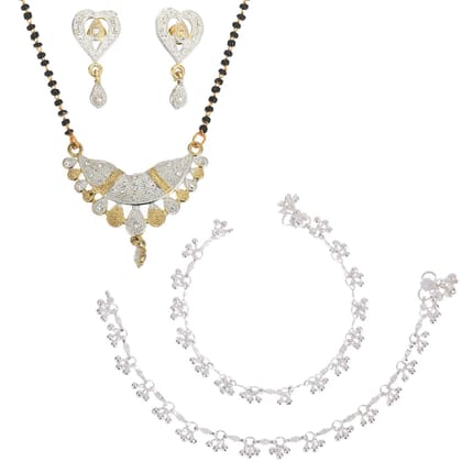 AanyaCentric Jewellery Set of Silver Plated Anklet and Gold Plated AD Mangalsutra Pendant Earring