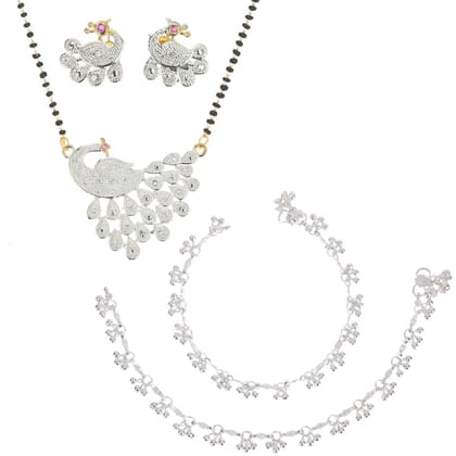 AanyaCentric Jewelry Set of Silver Plated Anklet and Gold Plated AD Mangalsutra Pendant Earring