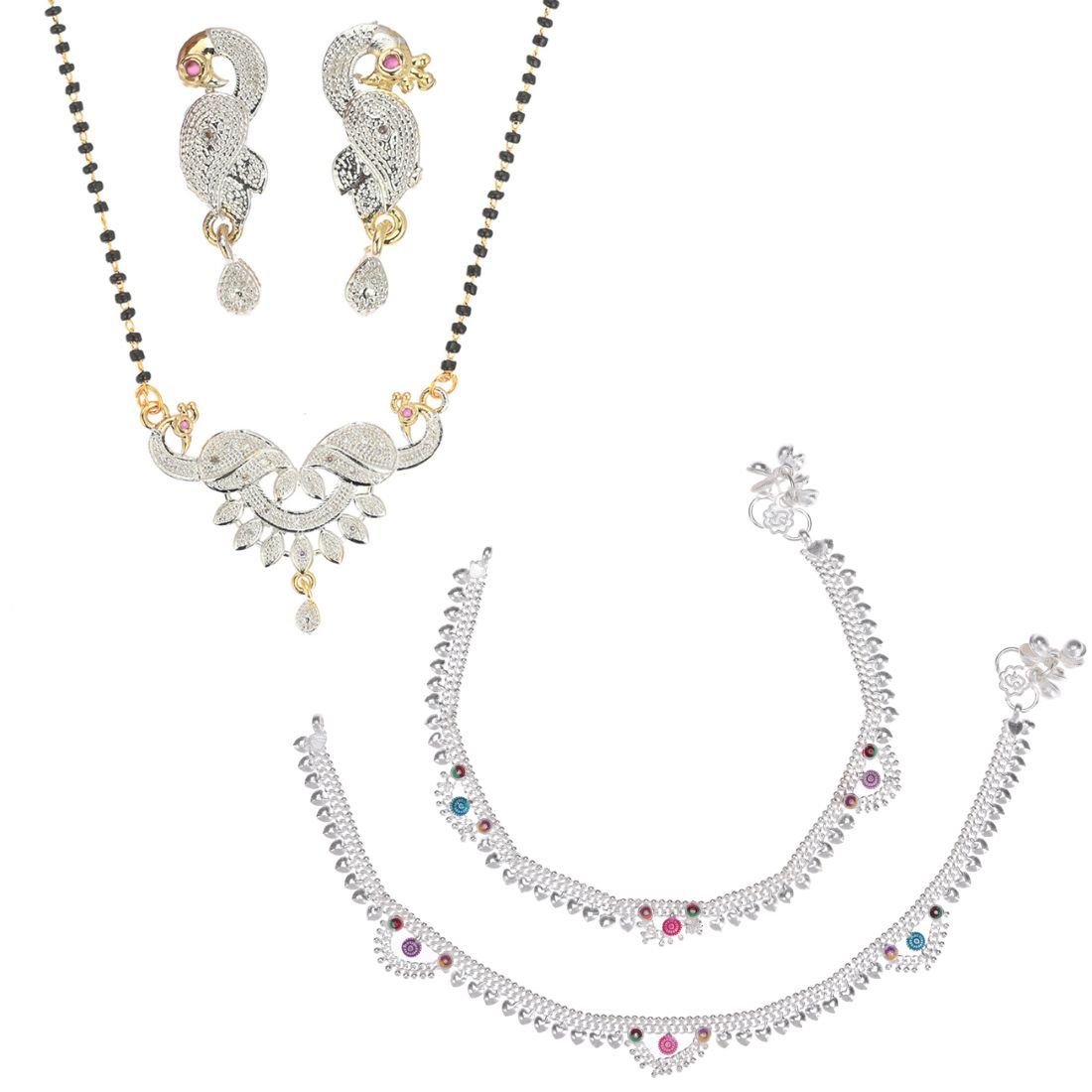 AanyaCentric Jewellery Set of Silver Plated Anklet and Gold Plated AD Mangalsutra with Pendant Earring