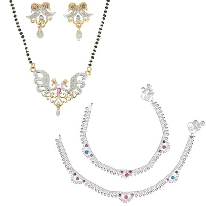 AanyaCentric Jewelry Set of Silver Plated Anklet and Gold Plated AD Mangalsutra with Pendant Earring