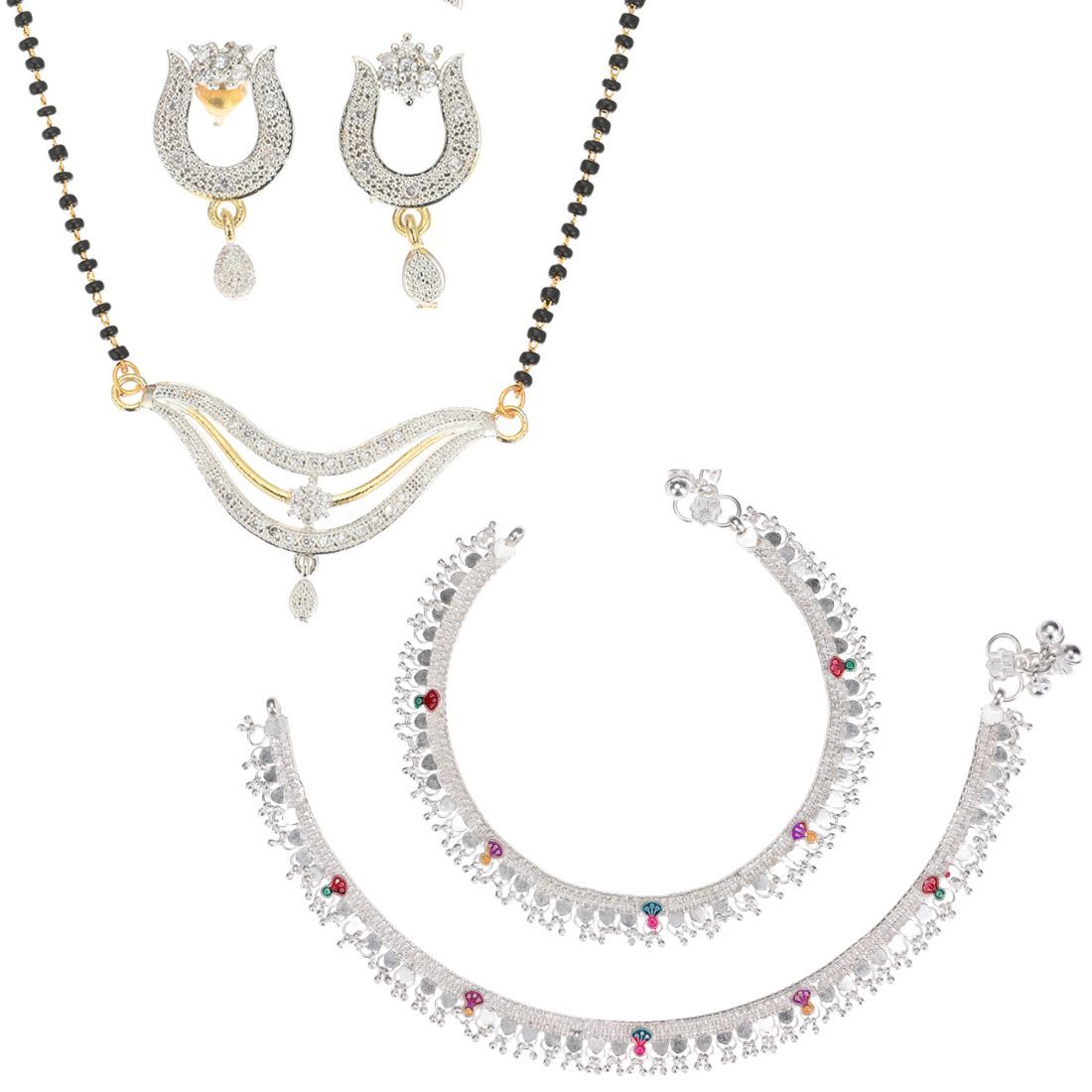 AanyaCentric Jewellery Set of Silver Plated Anklets and Gold Plated Mangalsutra Pendant Earring