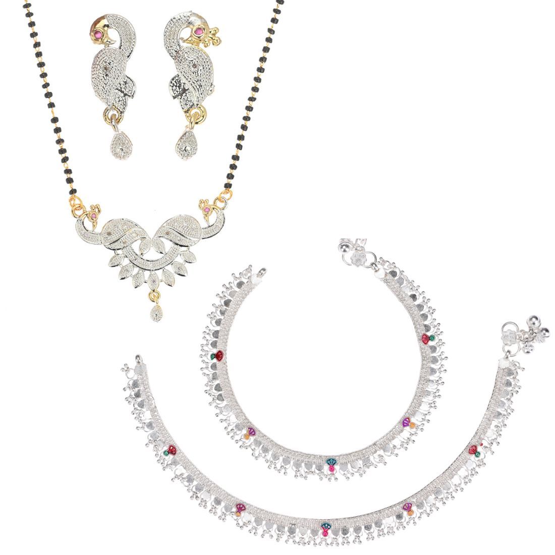 AanyaCentric Jewelry Set of Silver Plated Anklets and Gold-Plated Mangalsutra Pendant Earring