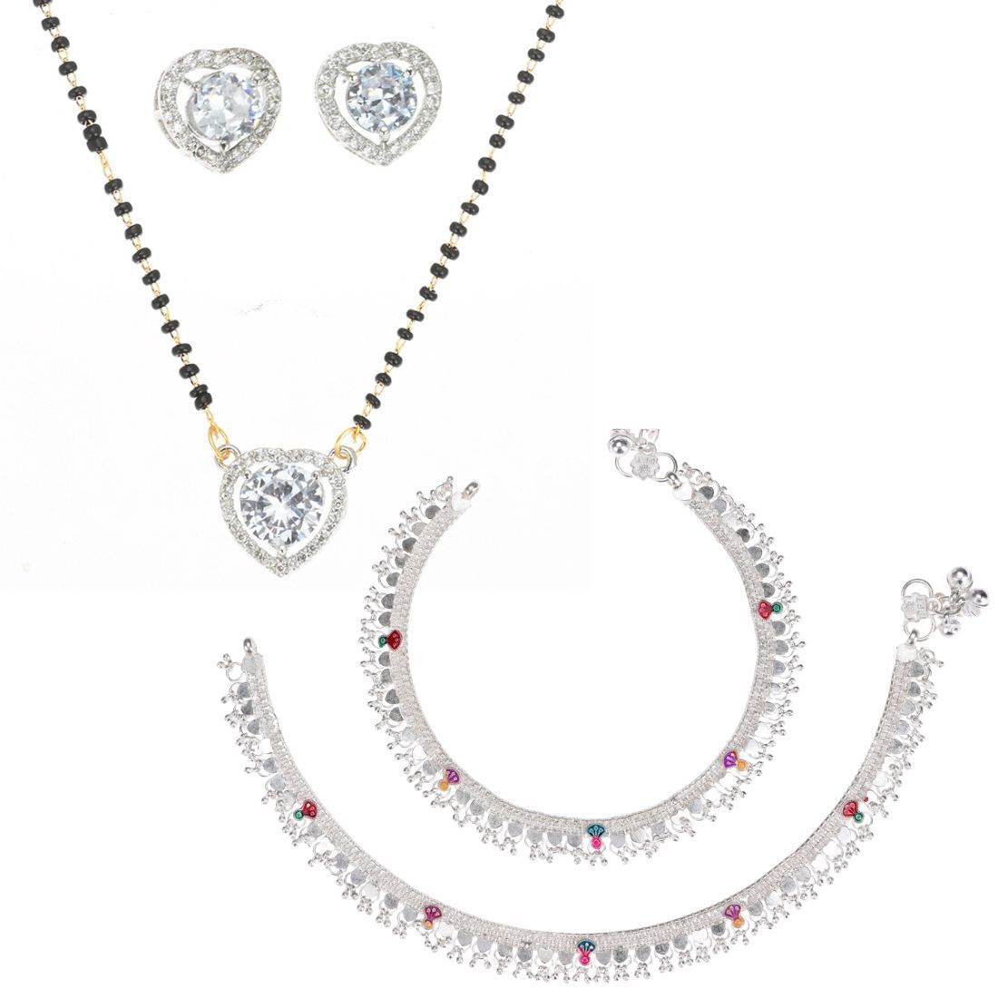 AanyaCentric Jewelry Set of Silver Plated Anklet and Gold Plated Mangalsutra Pendant Earring