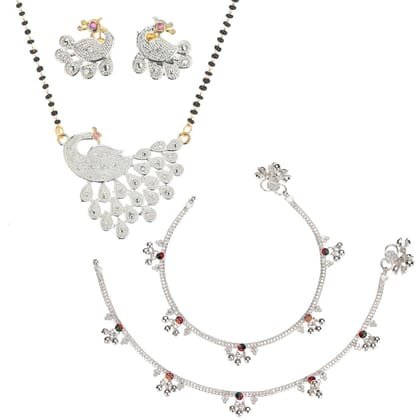 AanyaCentric Gold plating AD Short Mangalsutra with Pendant & Earring Set and Silver Plated Anklet