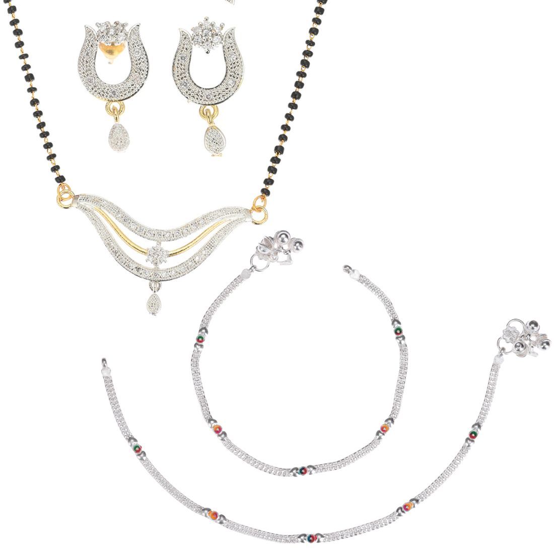 AanyaCentric Gold plated AD Mangalsutra with Pendant & Earring Set and Silver Plated Anklet