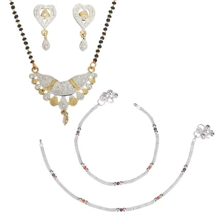 AanyaCentric Gold-plated AD Mangalsutra with Pendant & Earring Set and Silver Plated Anklet