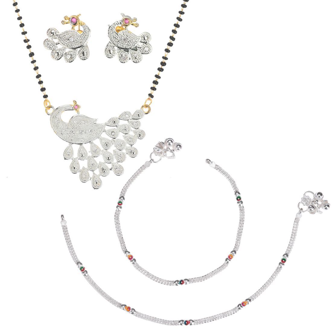 AanyaCentric Gold plating Mangalsutra with Pendant & Earring Set and Silver Plated Anklet