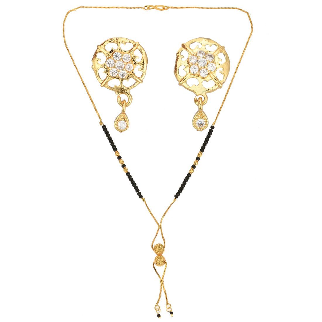 AanyaCentric 18inch Mangalsutra Set with Earring Golden - Traditional Indian Gold-plated Jewelry Gift