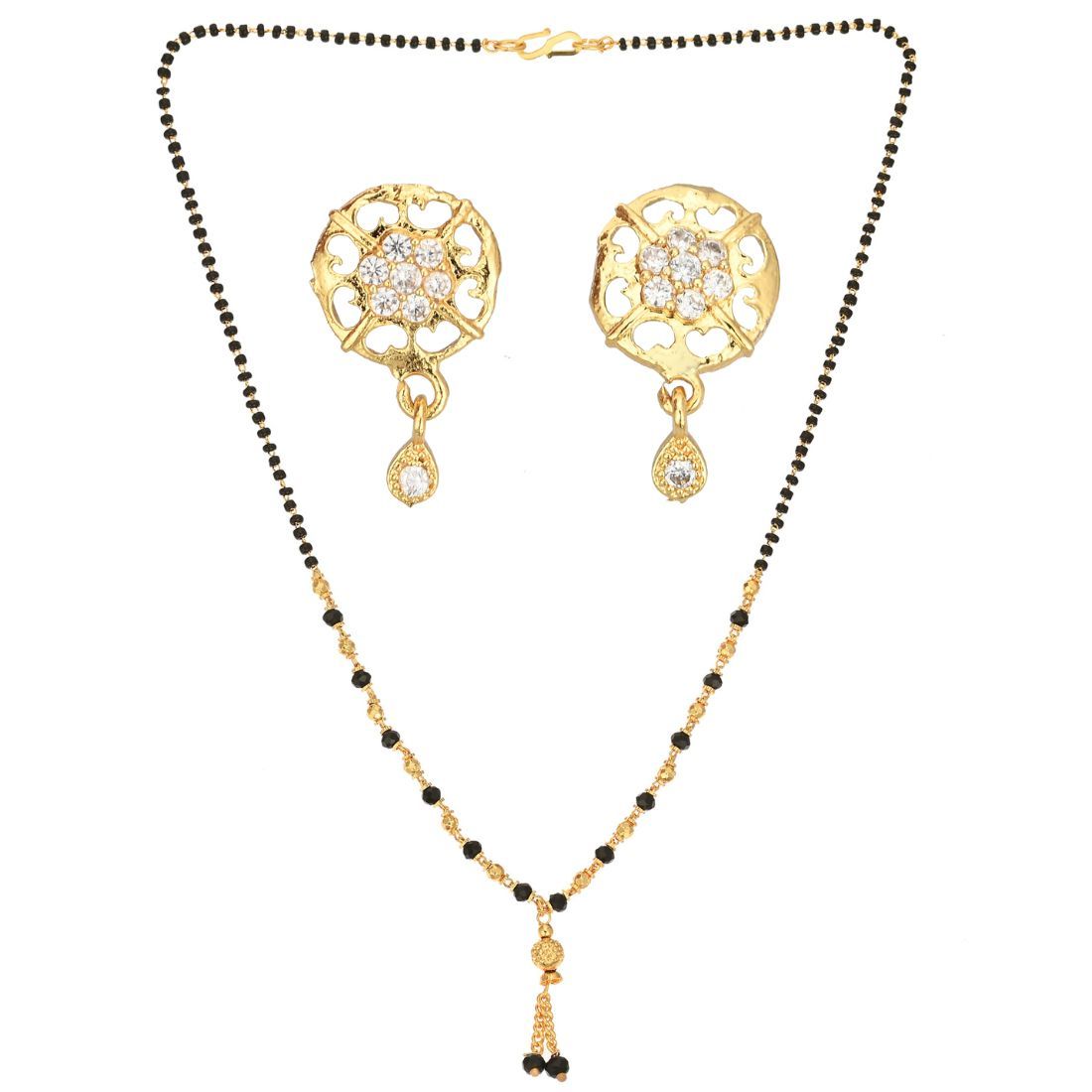 AanyaCentric 18inch Mangalsutra Set with Earrings Golden - Traditional Indian Gold-plated Jewelry Gift