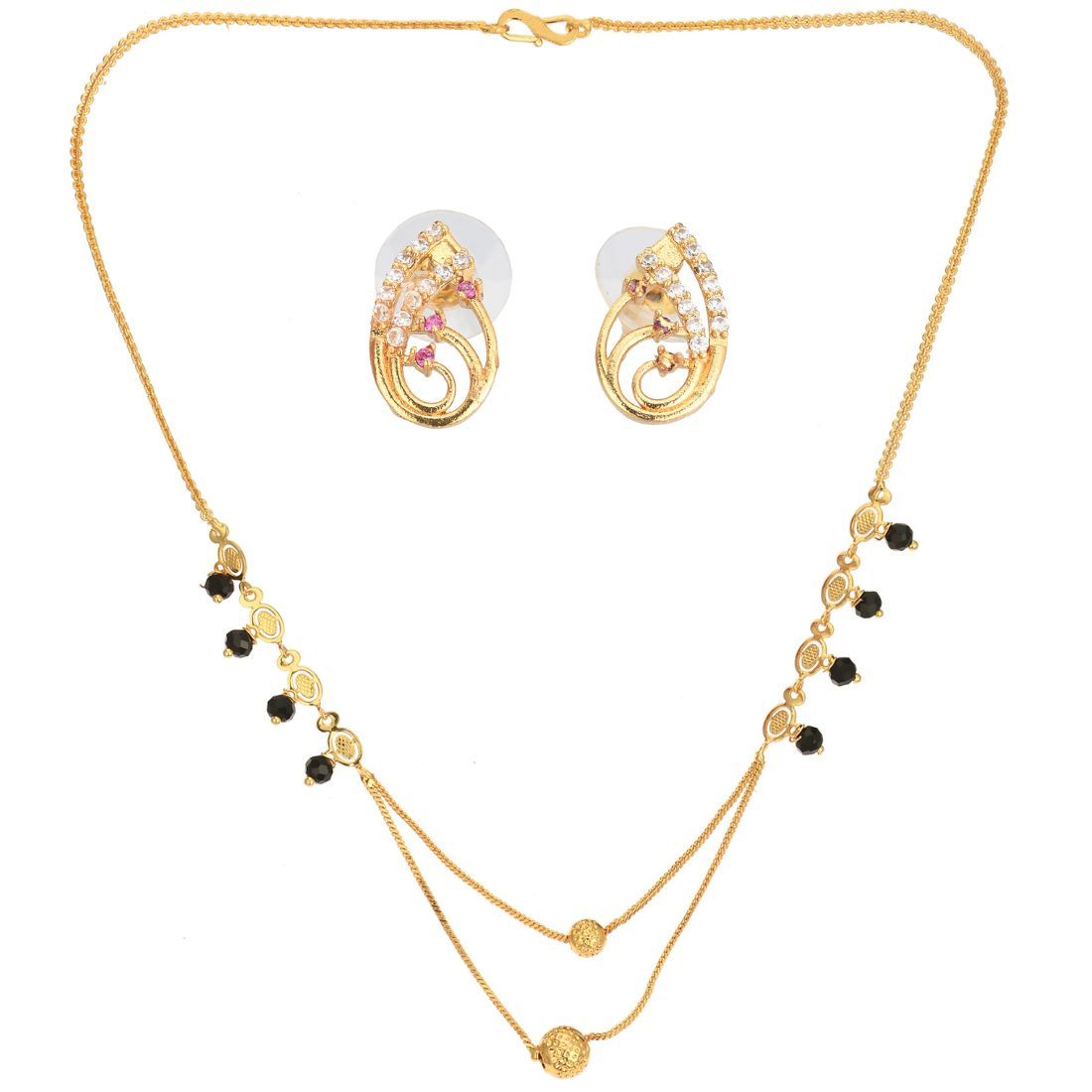 AanyaCentric Short Mangalsutra Set with Earrings Golden - Traditional Indian Gold-plated Jewelry Gift For Women