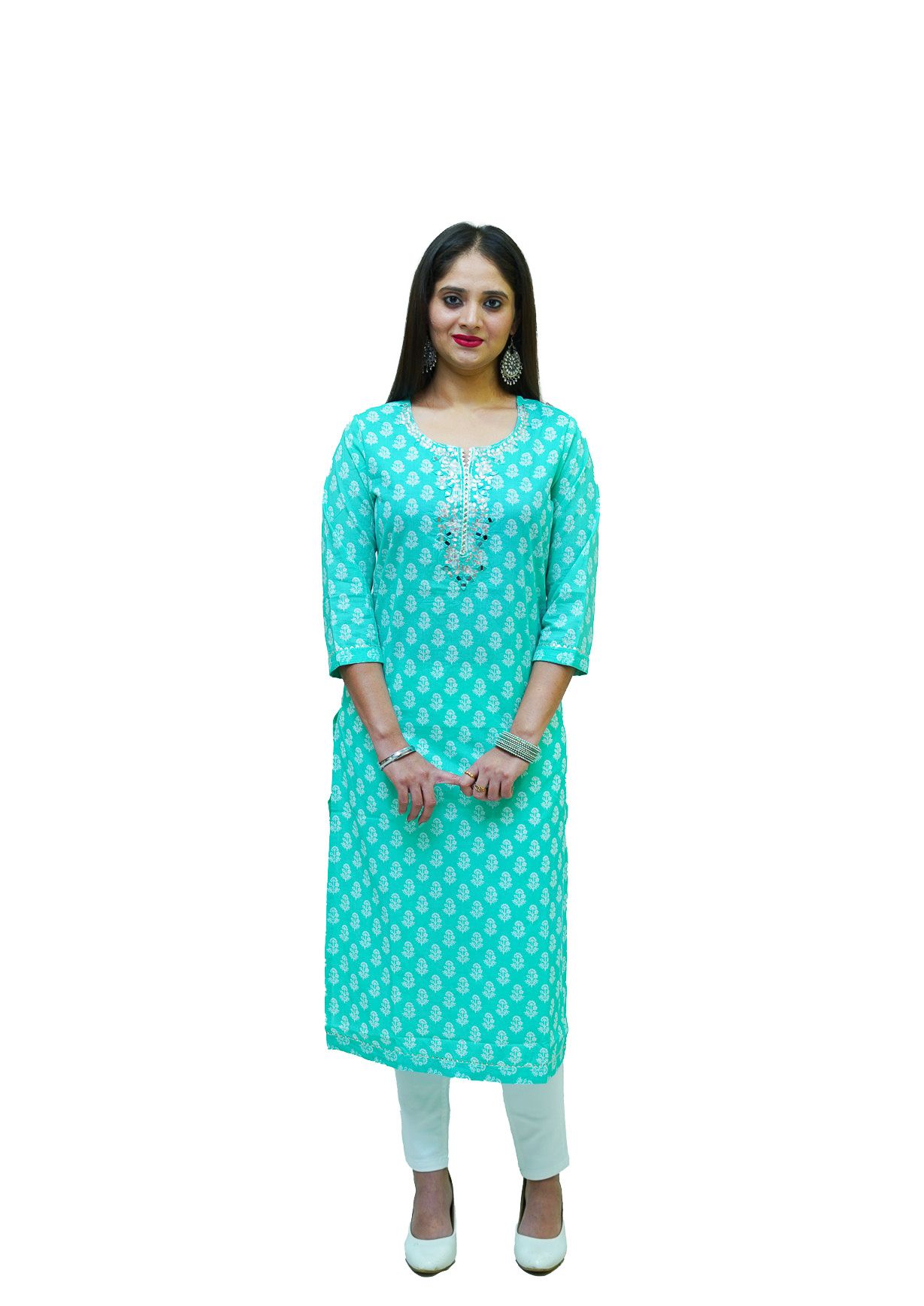 AQUA GREEN HAND BLOCK PRINTED COTTON STRAIGHT KURTI