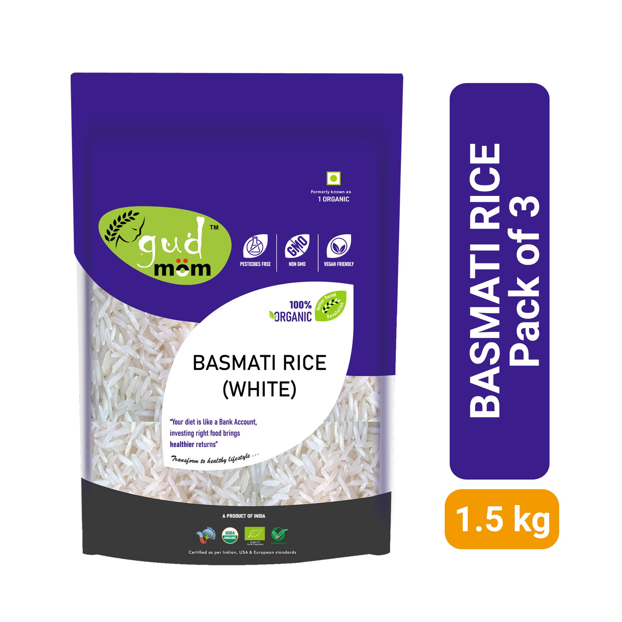 Gudmom Organic White Basmati Rice 1 Kg  ( Pack Of 3 )