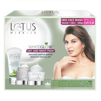 Lotus Herbals WhiteGlow Day & Night Pack With WhiteGlow 3-in-1 Skin Whitening Free Face Wash Worth Rs.285 (120gm+100gm)