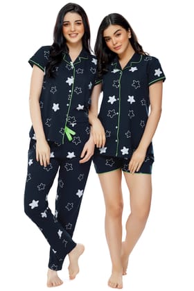 ZEYO Women's Cotton 3PCS Navy Blue (Green Piping) Star Printed Night suit set