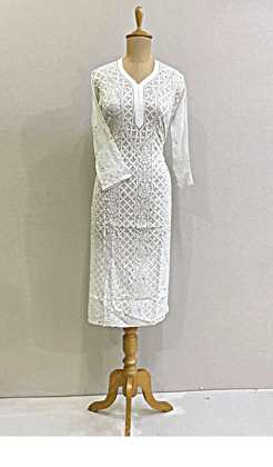 Lakhnavi Handcrafted Georgette White Chikankari Kurti