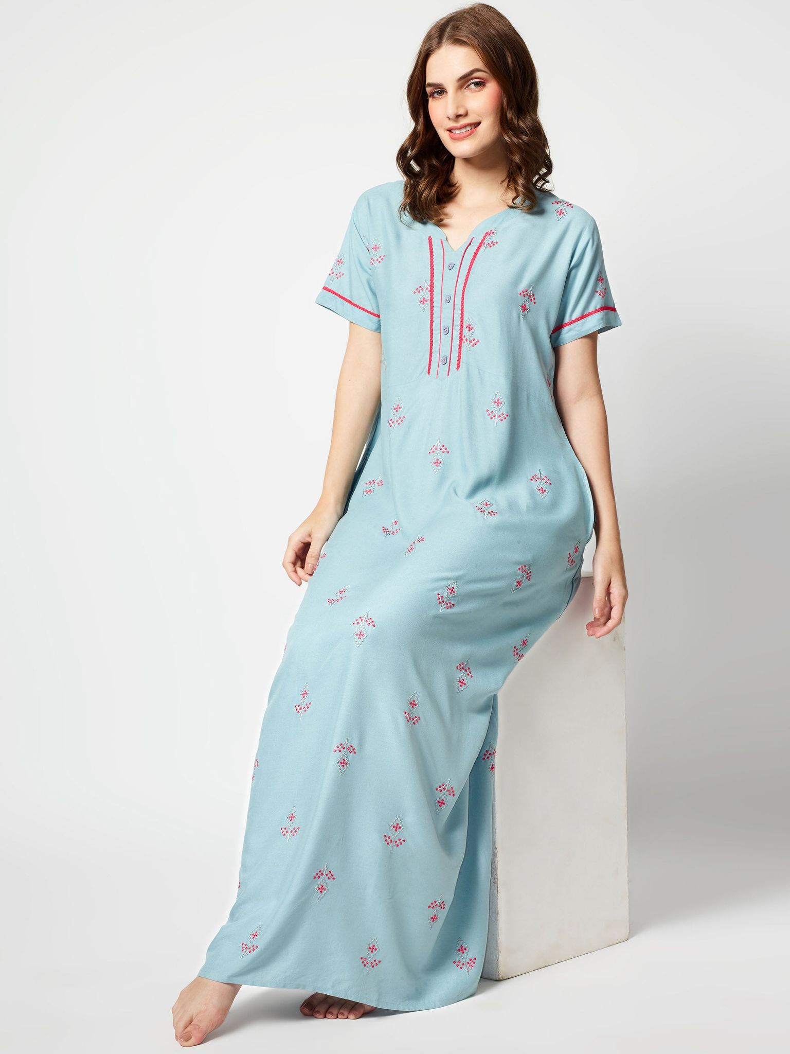 Zeyo Women Rayon Light Blue Embroidery Floral Print Nighty