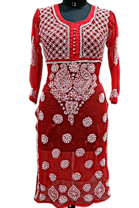 Red Georgette Gala Booti Chikankari kurta