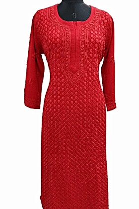 Red Cotton Kurta with Chikankari Booti Embroidery