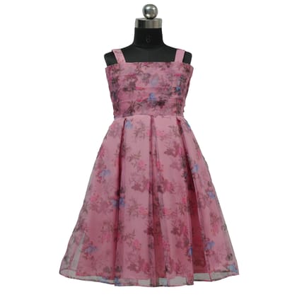 HEYKIDOO Kids Girls Floral Printed Organza Party Wear Frock -Pink