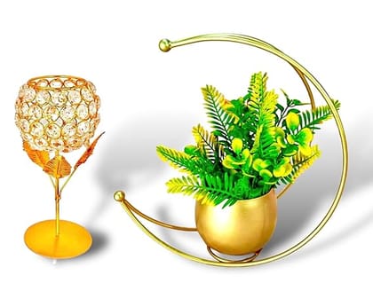 Trendz International Moon Shape Vase Gold Metal Moon & Votive Tree Tealight Holder Combo Pack