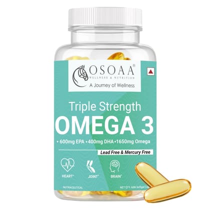 OSOAA Triple Strength Fish Oil Omega 3-1650mg, 60 Capsules | 600mg EPA & 400mg DHA | Improves Memory, Vision, Heart, Joints & Brain Health