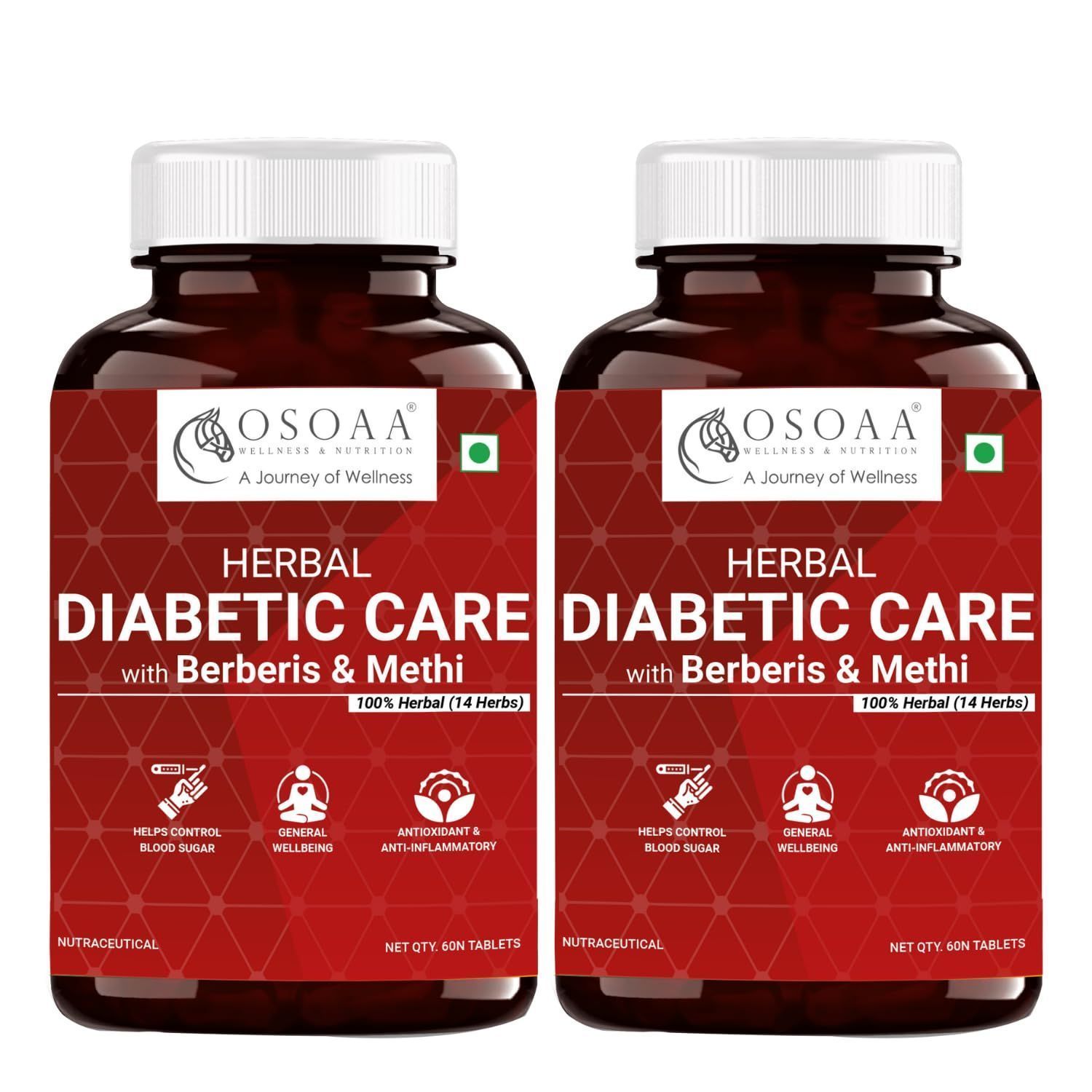 OSOAA Herbal Diabetic Care - 14 Herb Extracts with Jamun, Berberis, Methi, Karela, Neem| Support Blood Sugar Level | - 60 Tablets (Pack of 2)