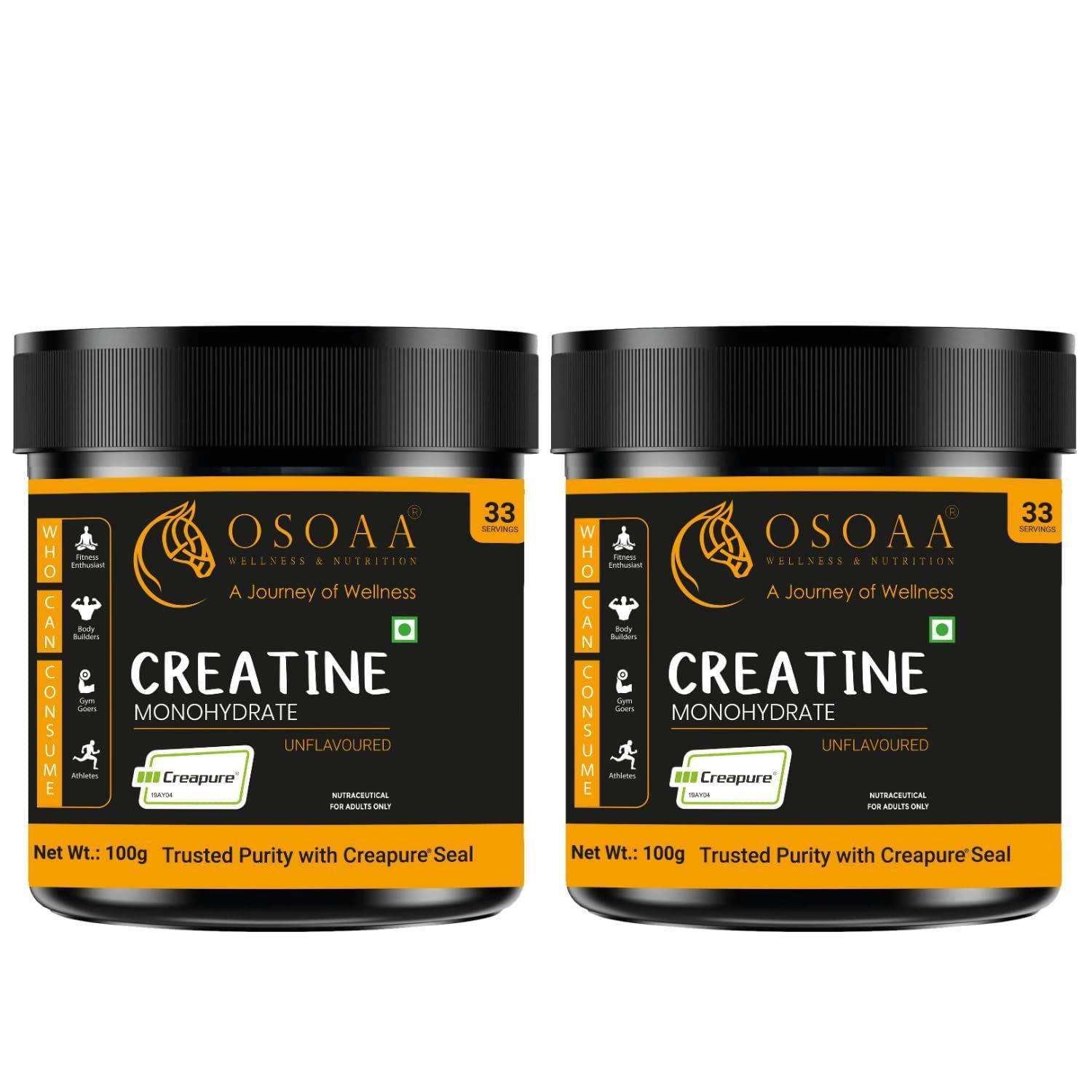 OSOAA Creapure German Certified 100gm Creatine Monohydrate | Micronized Pre & Post Workout Supplement for Muscle Building & Performance (Unflavoured, 66 Serving) | (Pack of 2)