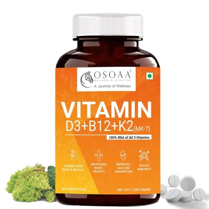 OSOAA 100% RDA Veg Vitamin D3 K2(MK7) B12 for Men & Women - 120 Tabs | Vitashine D3- Lichen Source High Absorption Plant Supplement for Bone, Joint Support & Immunity