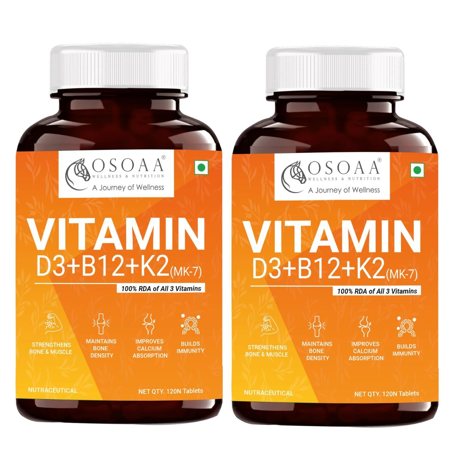 OSOAA OSOAA 100% RDA Veg Vitamin D3 K2(MK7) B12 for Men & Women - 120 Tabs | Vitashine D3- Lichen Source High Absorption Plant Supplement for Bone, Joint Support & Immunity| (Pack of 2)