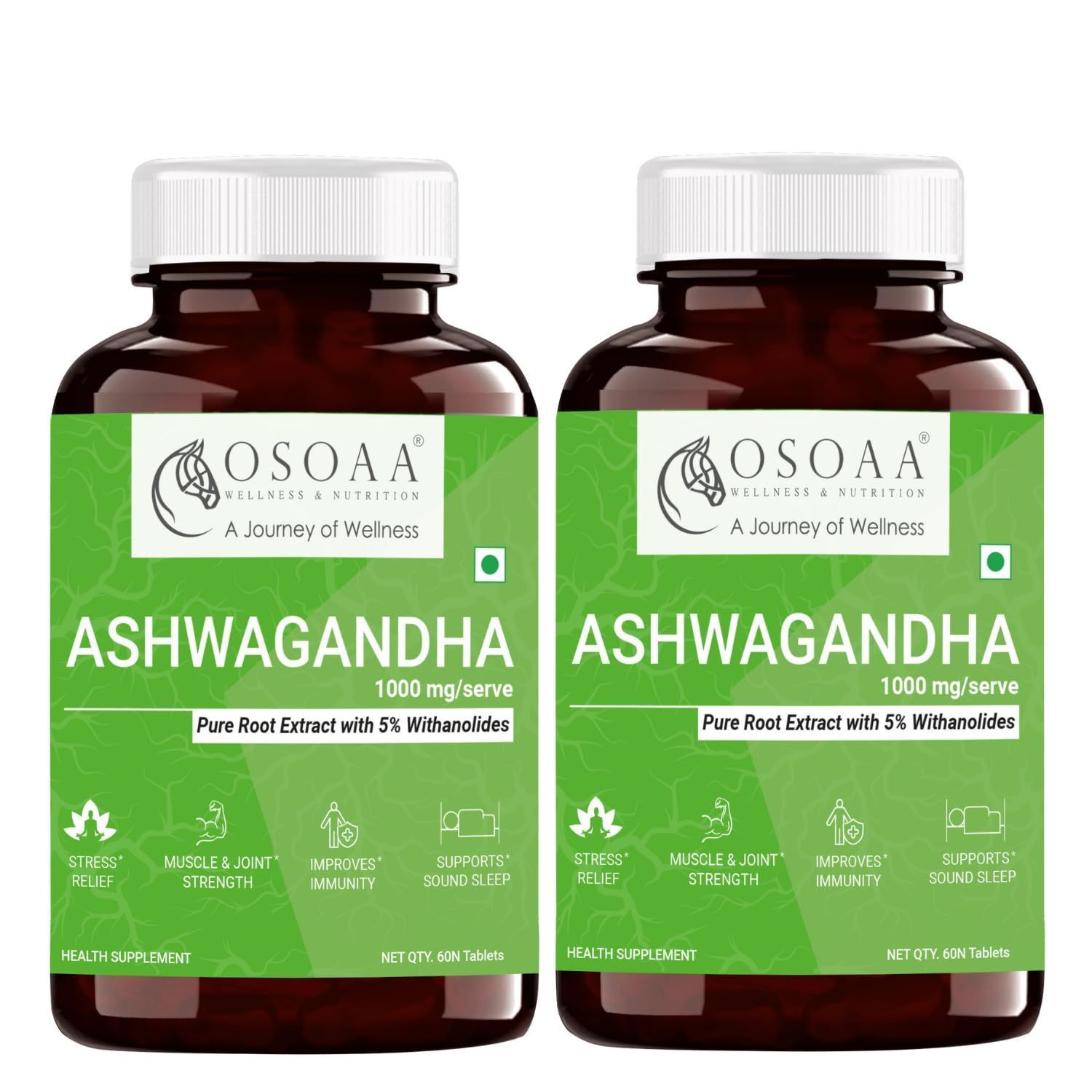 OSOAA Ashwagandha with 5% Withanolides (like KSM 66) 1000mg | 100% Pure Herbal Root Extract | Boosts Energy, Stamina, Sleep with Stress Relief - 60 Veg Capsules | (Pack of 2)