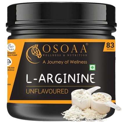 OSOAA Pure L-Arginine Muscle Growth & Endurance Powder 250gm Unflavoured, Pre Workout Supplement- Men & Women, Nitric Oxide Boost, 83 Serving