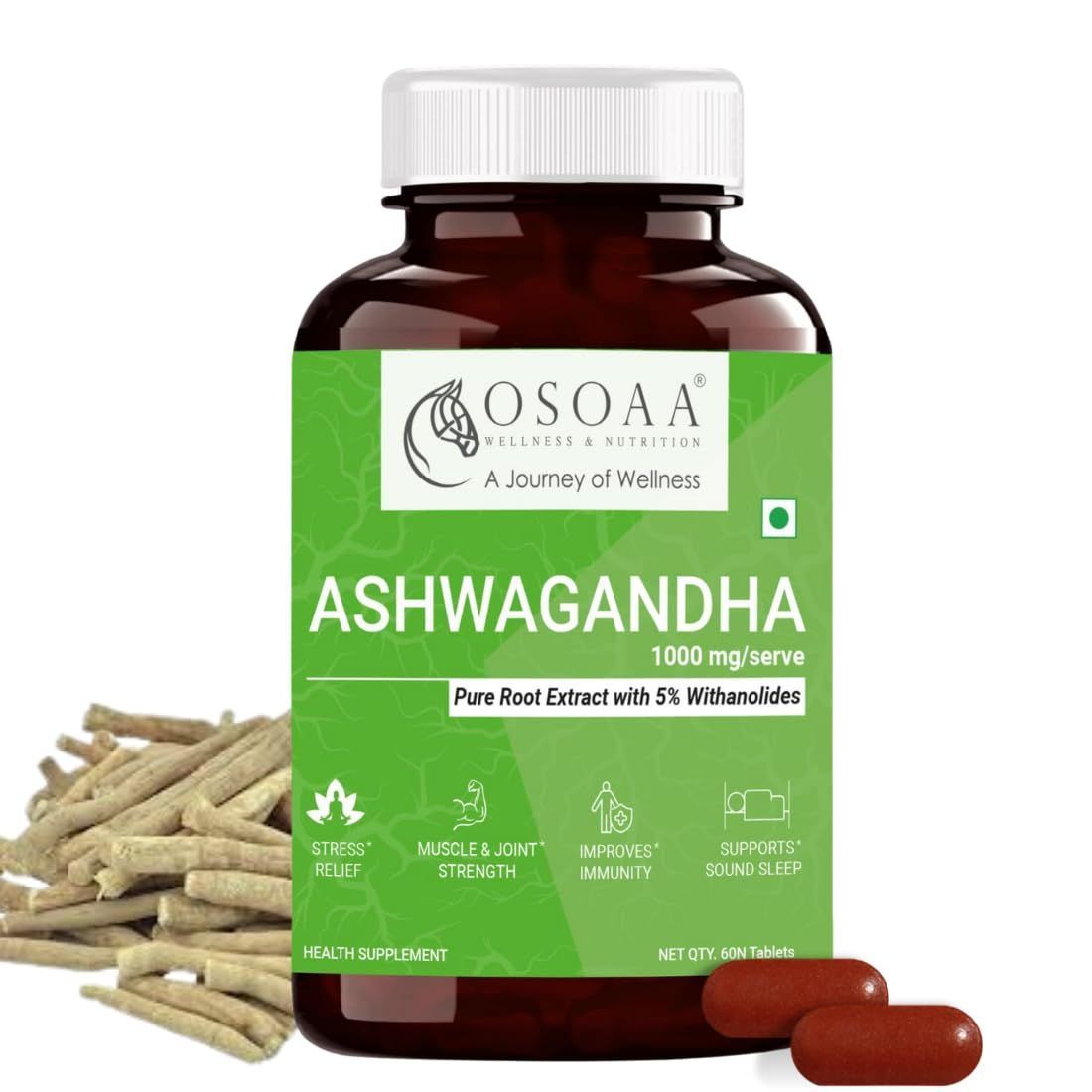 OSOAA Ashwagandha 100% Herbal Root Extract Tablet with 5% Withanolides (1000 mg) | Anxiety & Stress Relief | Energy & Endurance | Immunity Booster - 60 Capsules