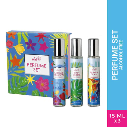 Iba Spray Perfume Set (Rain Drops, Kashmir Meadows, Mumbai Glam), 15 ml x 3 | Travel Size Bottles, Long Lasting of Floral, Fruity & Spicy Notes for Women