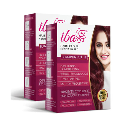 Iba Hair Colour - Burgundy Red, 70g (Pack of 2) | 100% Pure Henna Based Powder Sachet | Naturally Coloured Hair & Long Lasting | Conditioning | Reduced Hair fall & Hair Damage | Shine & Nourish Hair | Paraben, Chemical, Ammonia & Sulphate Free Formula