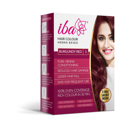 Iba Hair Colour - Burgundy Red, 70g | 100% Pure Henna Based Powder Sachet | Naturally Coloured Hair & Long Lasting | Conditioning | Reduced Hair fall & Hair Damage | Shine & Nourish Hair | Paraben, Chemical, Ammonia & Sulphate Free Formula