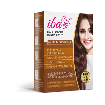 Iba Hair Colour - Medium Brown, 70g | 100% Pure Henna Based Powder Sachet | Naturally Coloured Hair & Long Lasting | Conditioning | Reduced Hair fall & Hair Damage | Shine & Nourish Hair | Paraben, Chemical, Ammonia & Sulphate Free Formula