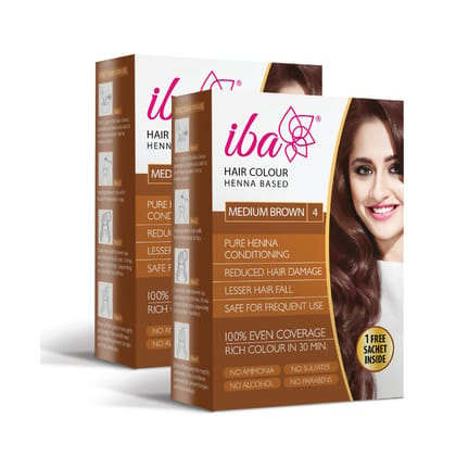 Iba Hair Colour - Medium Brown, 70g (Pack of 2) | 100% Pure Henna Based Powder Sachet | Naturally Coloured Hair & Long Lasting | Conditioning | Reduced Hair fall & Hair Damage | Shine & Nourish Hair | Paraben, Chemical, Ammonia & Sulphate Free Formula