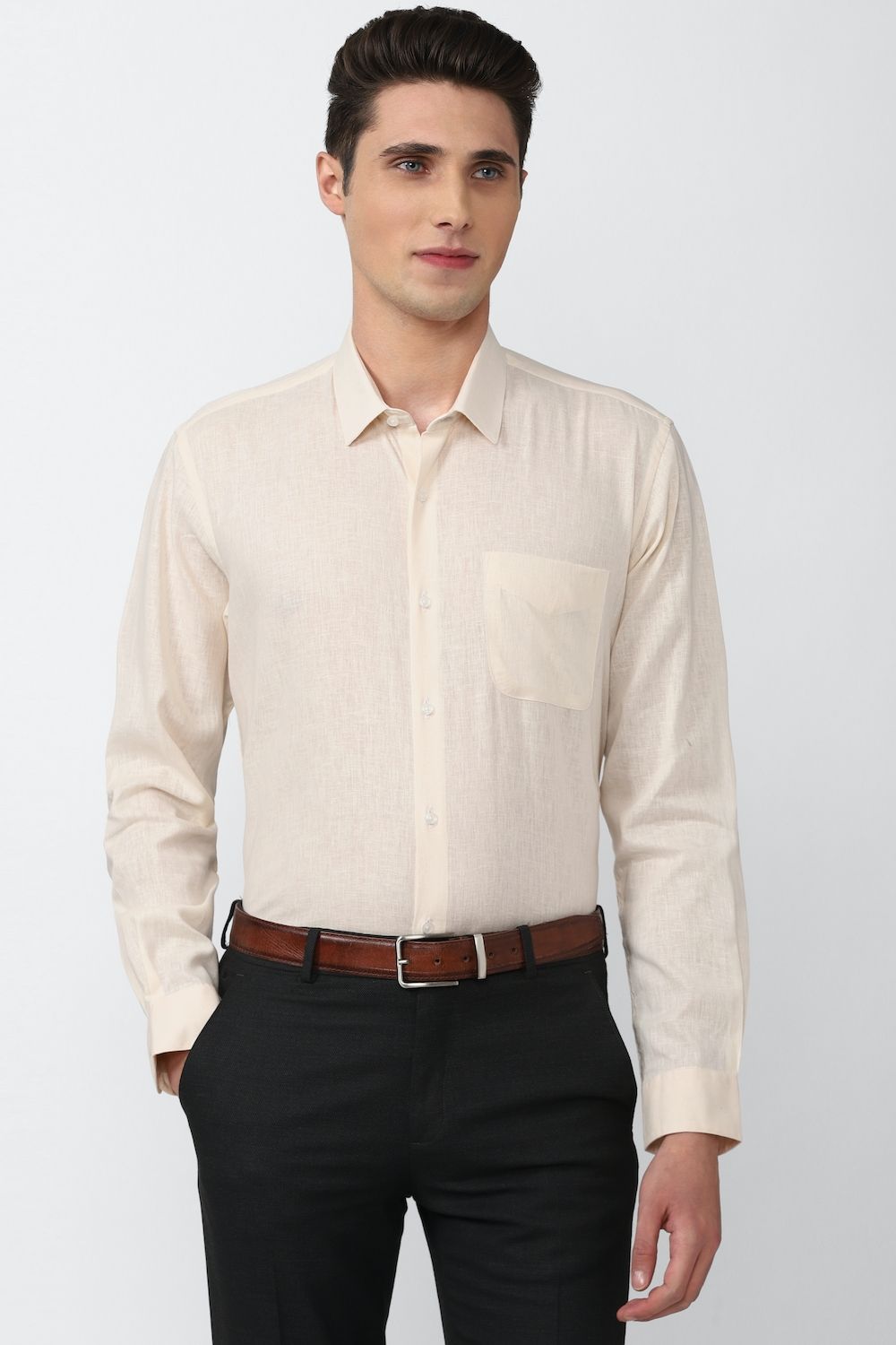 Men Cream Regular Fit Formal Full Sleeves Formal Shirt