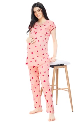 ZEYO Women Cotton Pink Heart Print Maternity & Feeding Night Suit