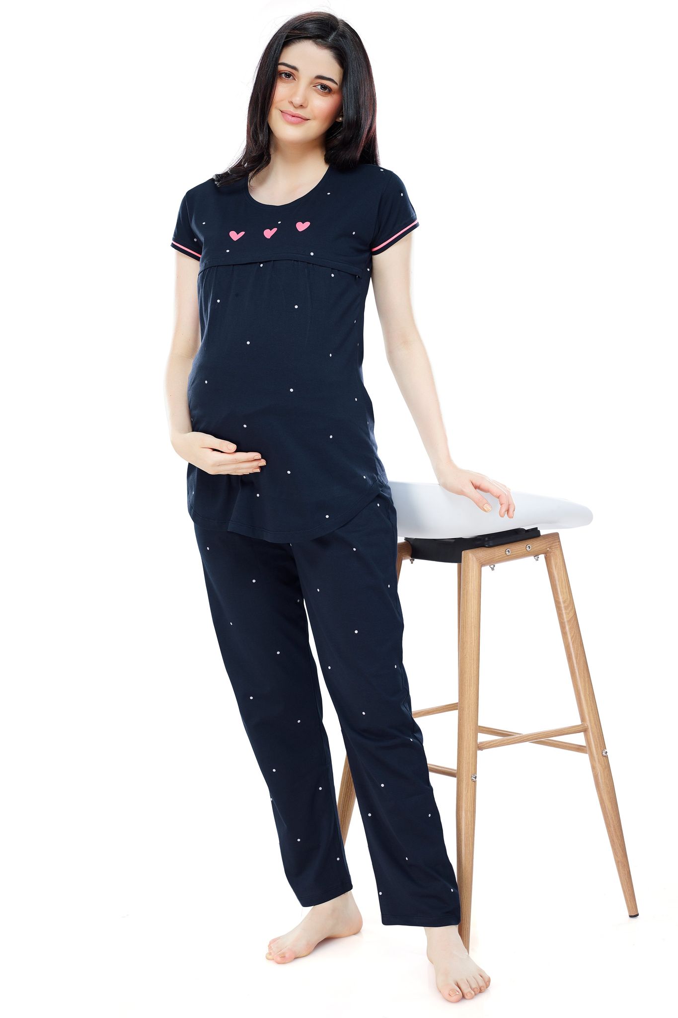 ZEYO Women Cotton Navy Blue Dot Print Maternity & Feeding Night Suit