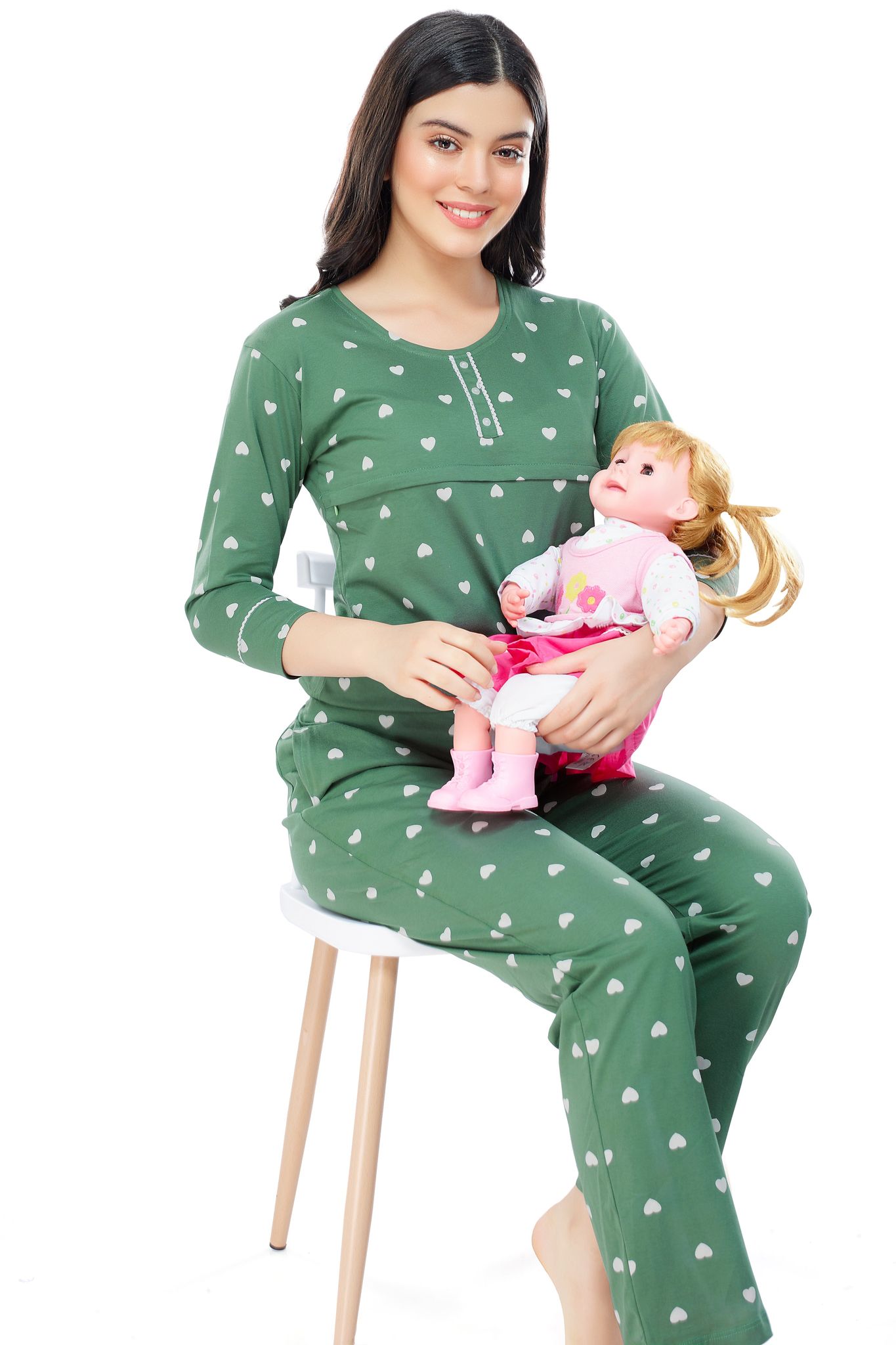 ZEYO Women Cotton Green Heart Print Nursing & Feeding Night Suit