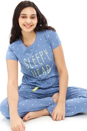 ZEYO Women's Cotton Blue Heart Printed Night suit set