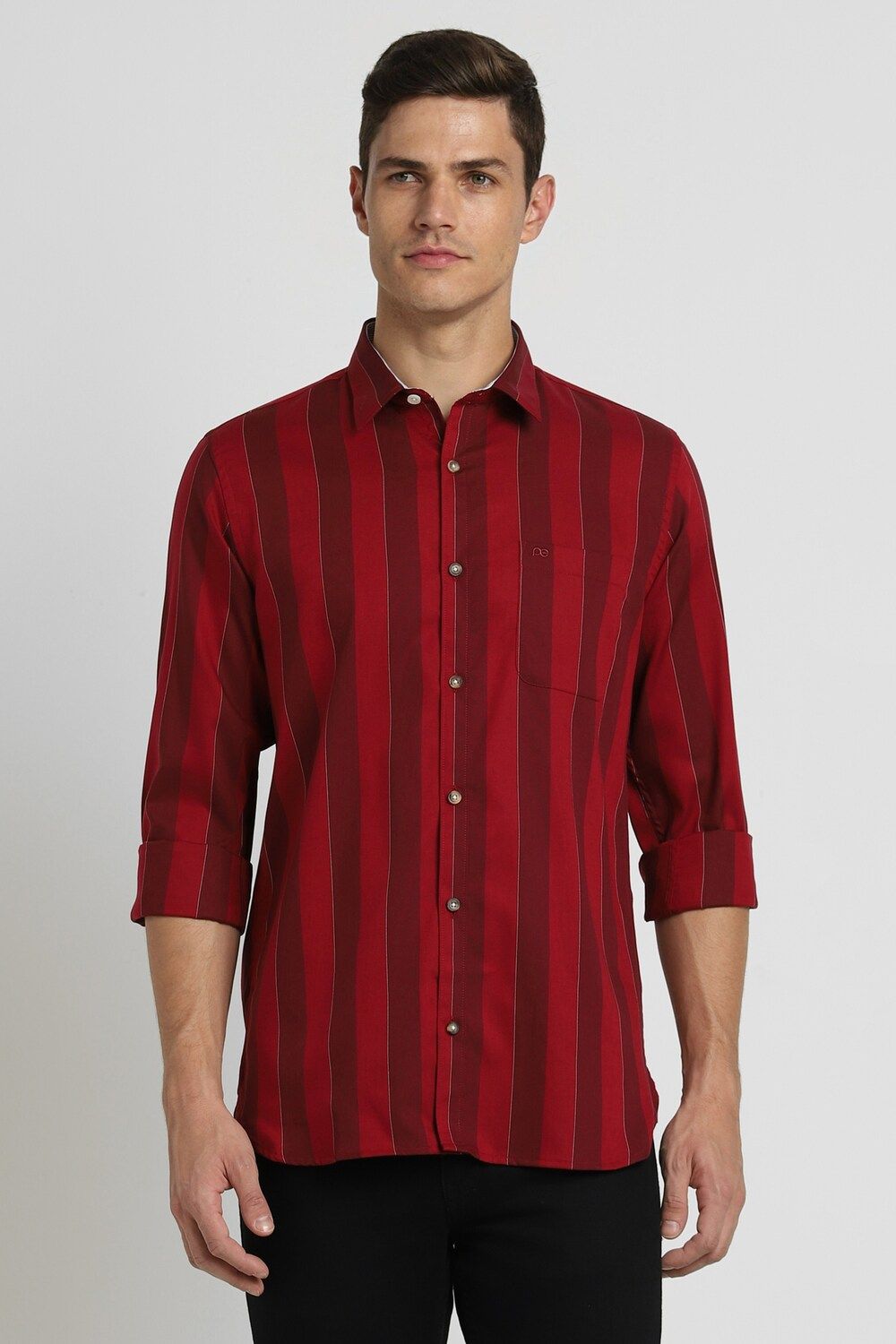 Men Red Slim Fit Stripe Full Sleeves Casual Shirt