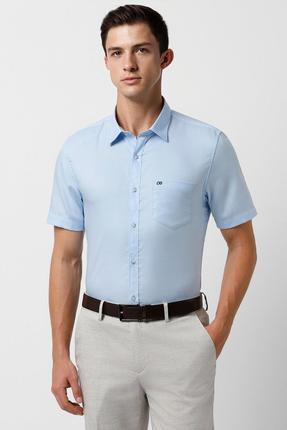 Men Light Blue Slim Fit Solid Half Sleeves Casual Shirt