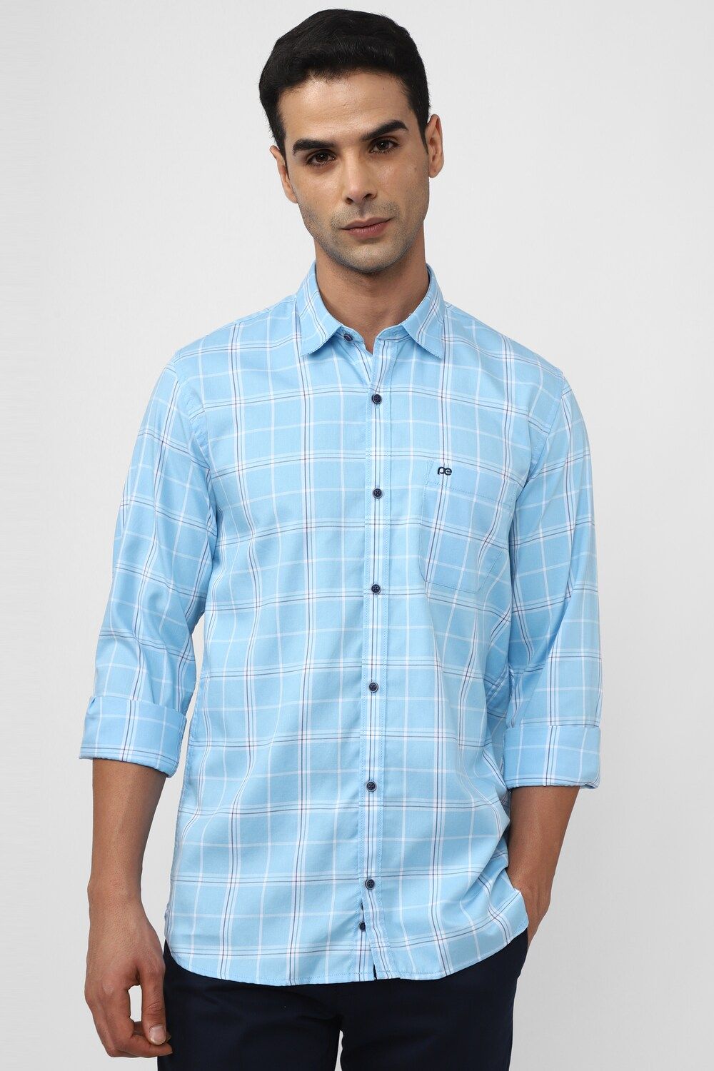 Men Blue Slim Fit Check Full Sleeves Casual Shirt