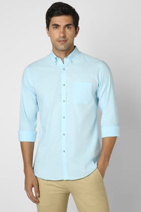 Men Blue Slim Fit Solid Full Sleeves Casual Shirt