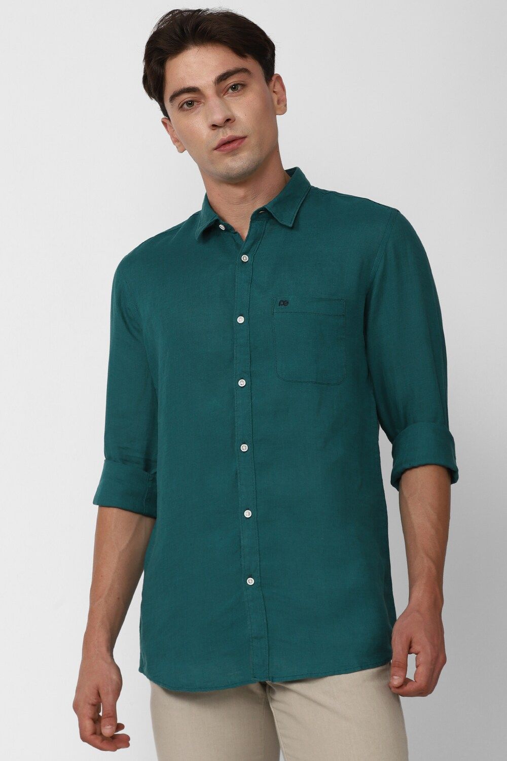 Men Green Slim Fit Solid Full Sleeves Casual Shirt